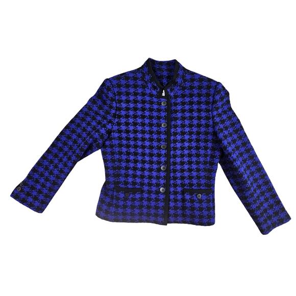 Kasper & Company A.S.L. Women Blazer Jacket Woven Houndstooth Blue Black Size 10 - Picture 1 of 9